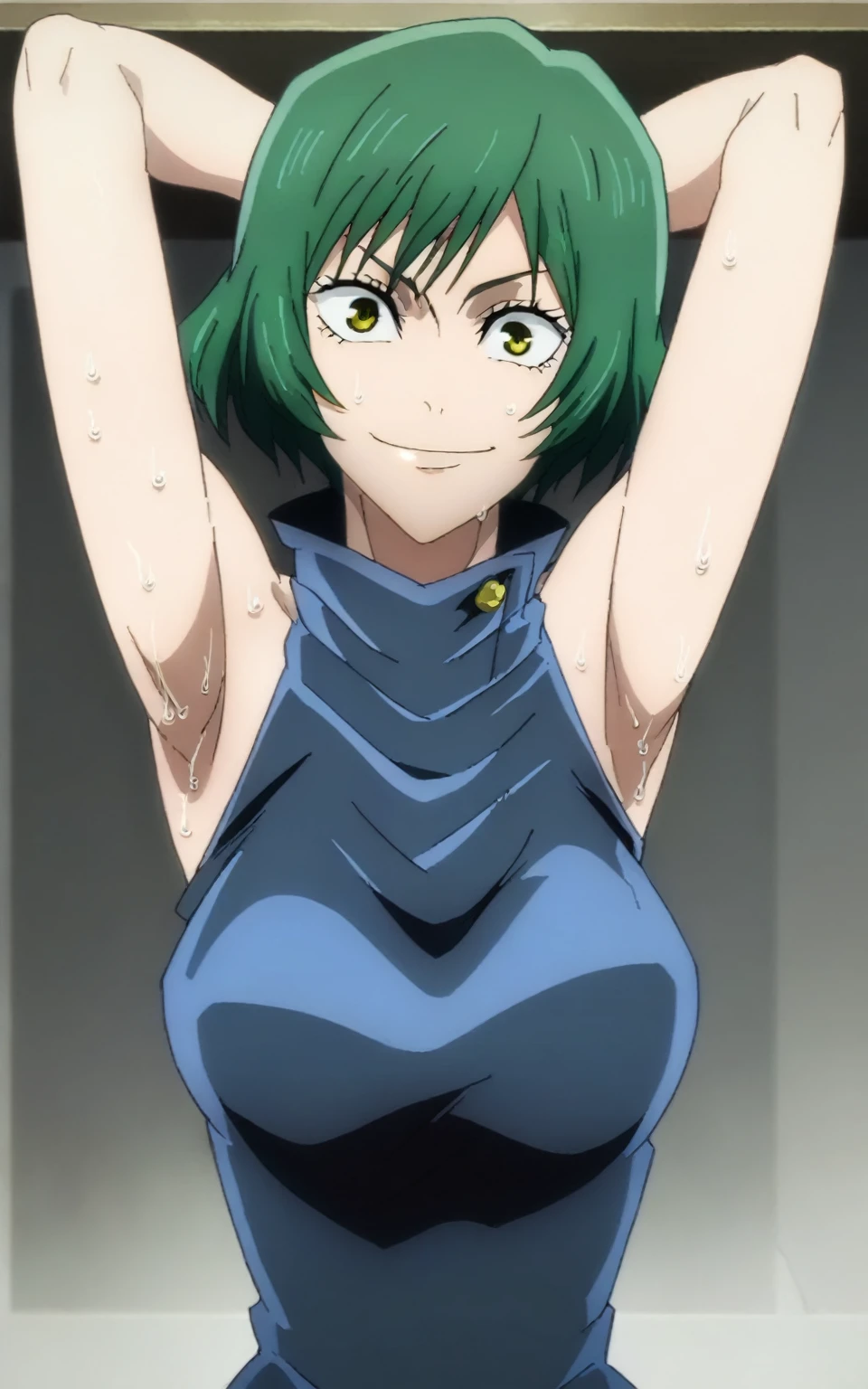 score_9, score_8_up, score_7_up, source_anime, anime screencap, 1girl, solo, Mai Zenin, yellow eyes, green hair, short hair, mediun breasts, mai zenin outfit, sleeveless, turtleneck, arms behind head, armpits, looking at viewer, head towards viewer, evil smile, badhandv4, indoors, bare shoulders, bare arms, closed mouth, sweaty armpits