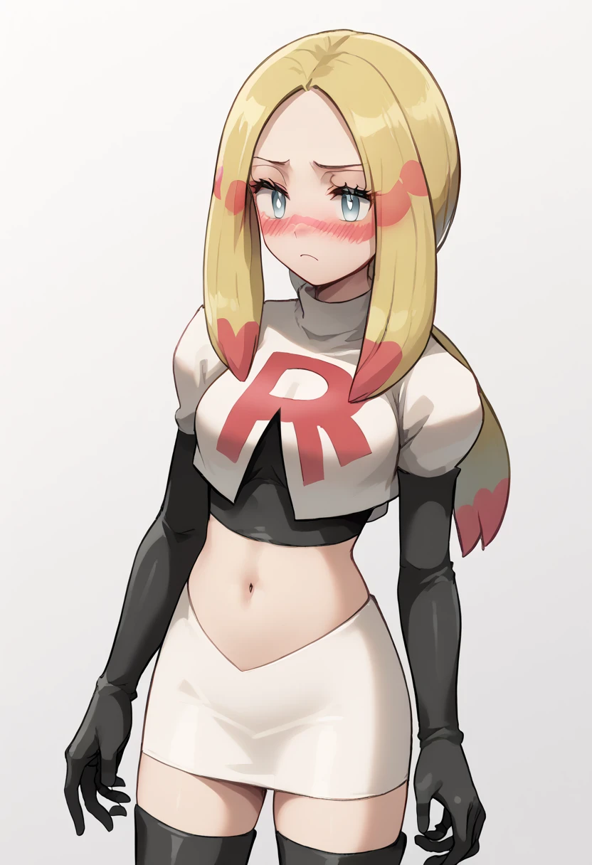 score_9,score_8_up,score_7_up,score_6_up,rating_explicit,source_anime BREAK
1girl, mina (pokemon), blonde hair, long hair, facepaint, multicolored_hair, grey eyes, eyelashes, parted bangs, medium breasts, white pupils, low ponytail, sidelocks
blush, oversized shirt, paint, bodypaint, team rocket,team rocket uniform,white skirt,red letter R,crop top,black thigh-highs,black elbow gloves
