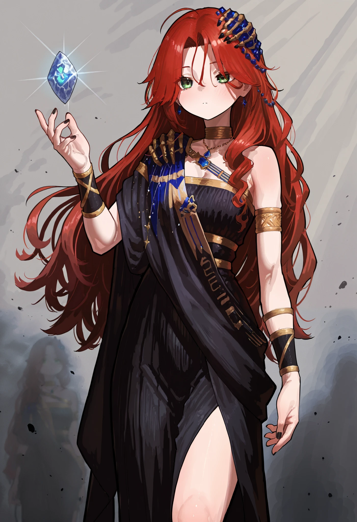 Ekrea Jan style, 1girl, sophia\(manus vindictae\)\(reverse:1999\), long hair, red hair, black dress, armlet, black nails, blue gemstone, gold choker, jewellery, green eyes, standing, grey background, masterpiece, best quality, amazing quality, very aesthetic, high resolution