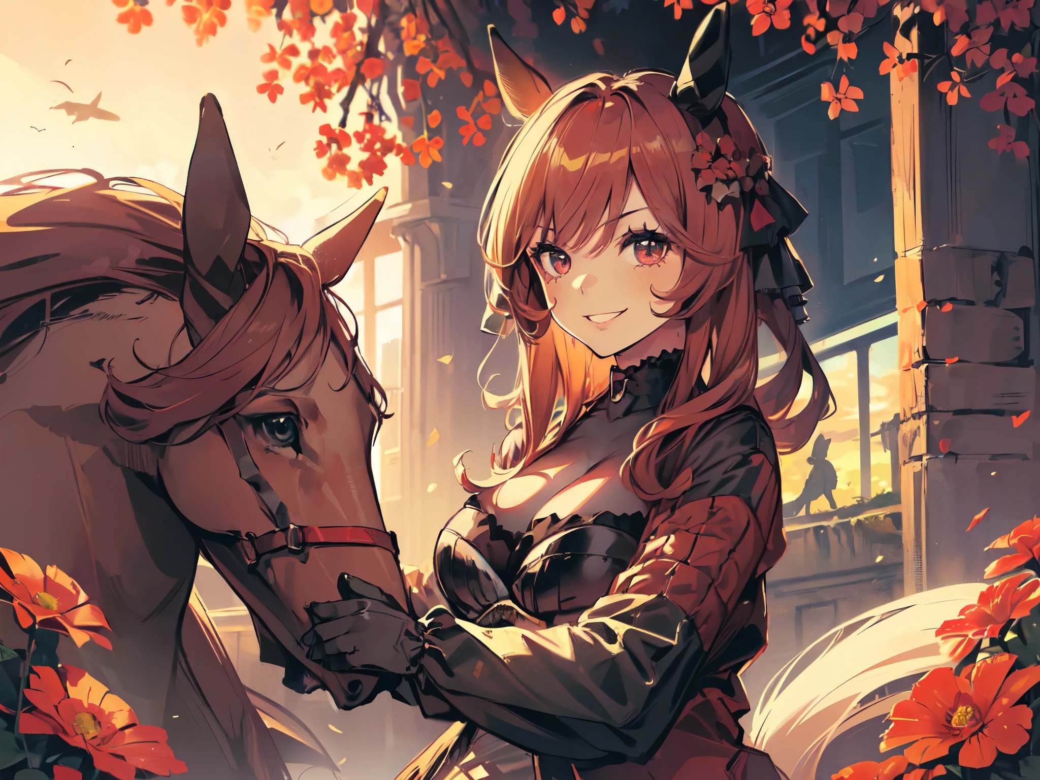 (Solo:2), (Woman with horse ears 1:2), (Short fingers, short arms, short legs), (Big hair), (Pose that emphasizes cleavage), (Jacket), (Smiling and looking at the camera), (Inside the castle), (Surrounded by red flowers), (Sunset), (Focus on breasts), (Carefully drawn, amazing artwork, best quality, high resolution, 8K, detailed, delicate),