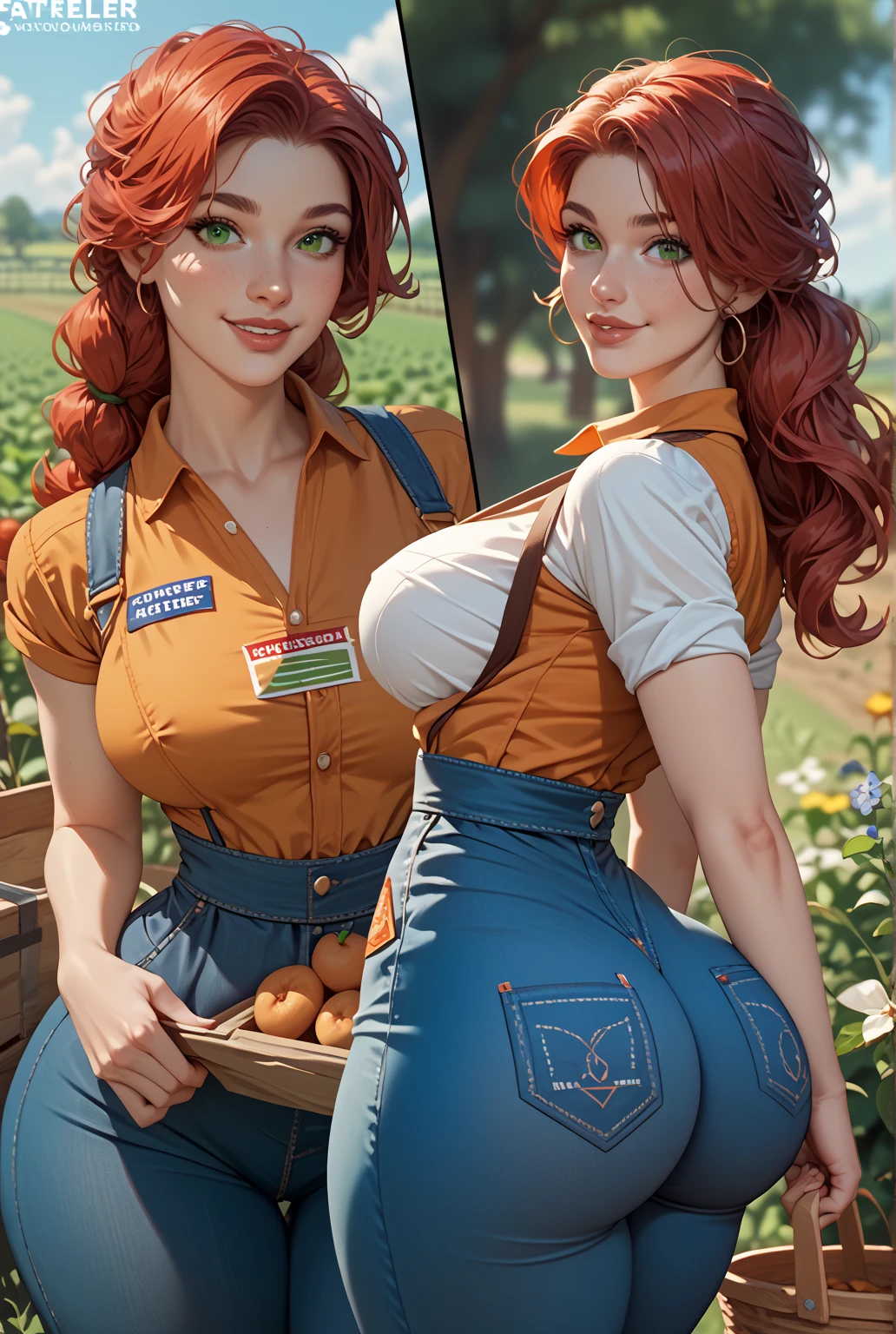 Red hair, long hair, green eyes,1girl, Solo, Accurate, Anatomically Correct, High Details, Best Quality, Large breasts, round butt, thick thighs, small waist, full pouty lips, sexy, farmer,Light Smile, Multiple Views, 