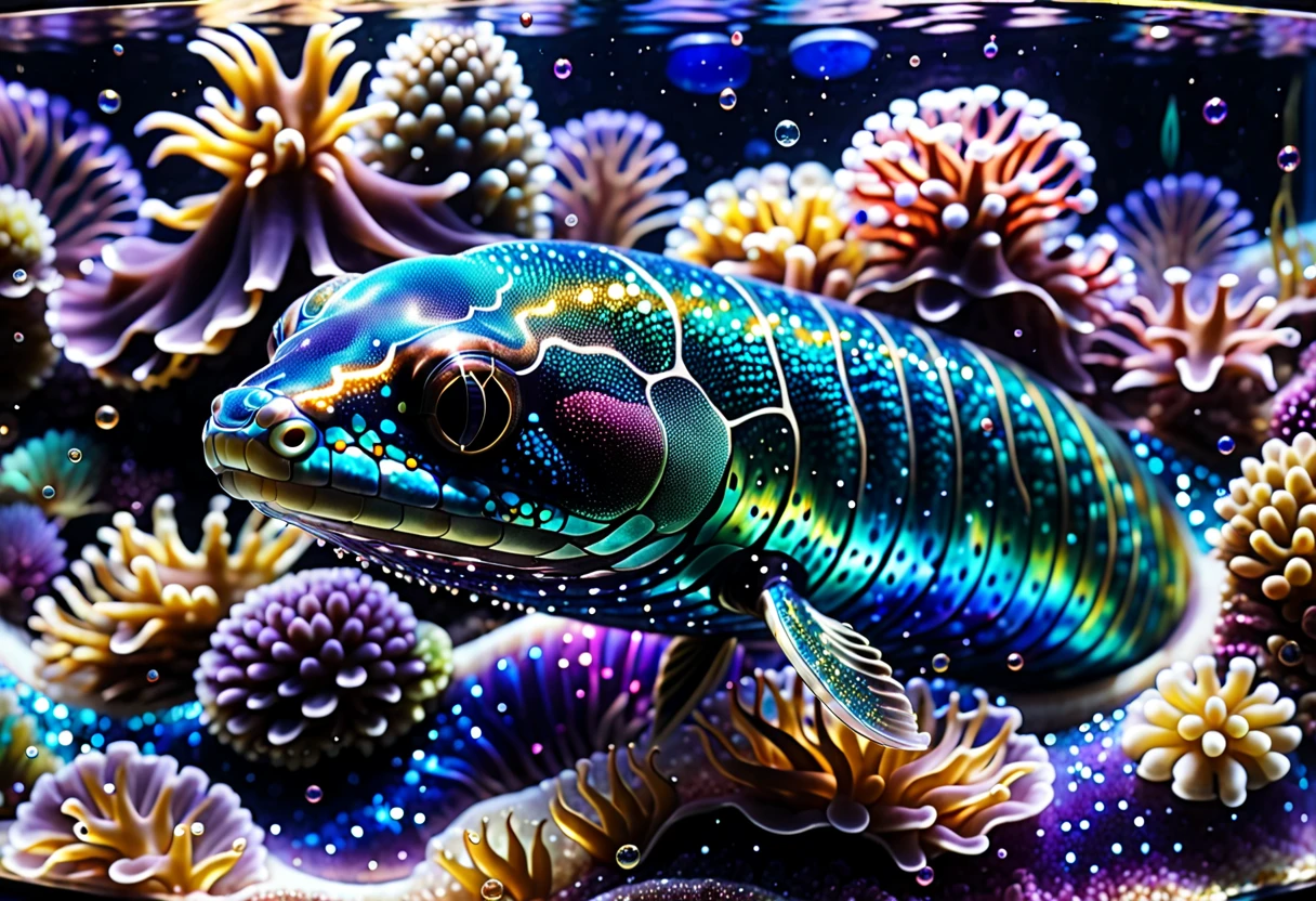 ウツボ　Moray eel　The ocean's beautiful　element　 jelly-like ocean, Amazing depth,　Bubble　swim　In the sea　 glitter　reflection、 stained glass　Glass　water　waterの中　