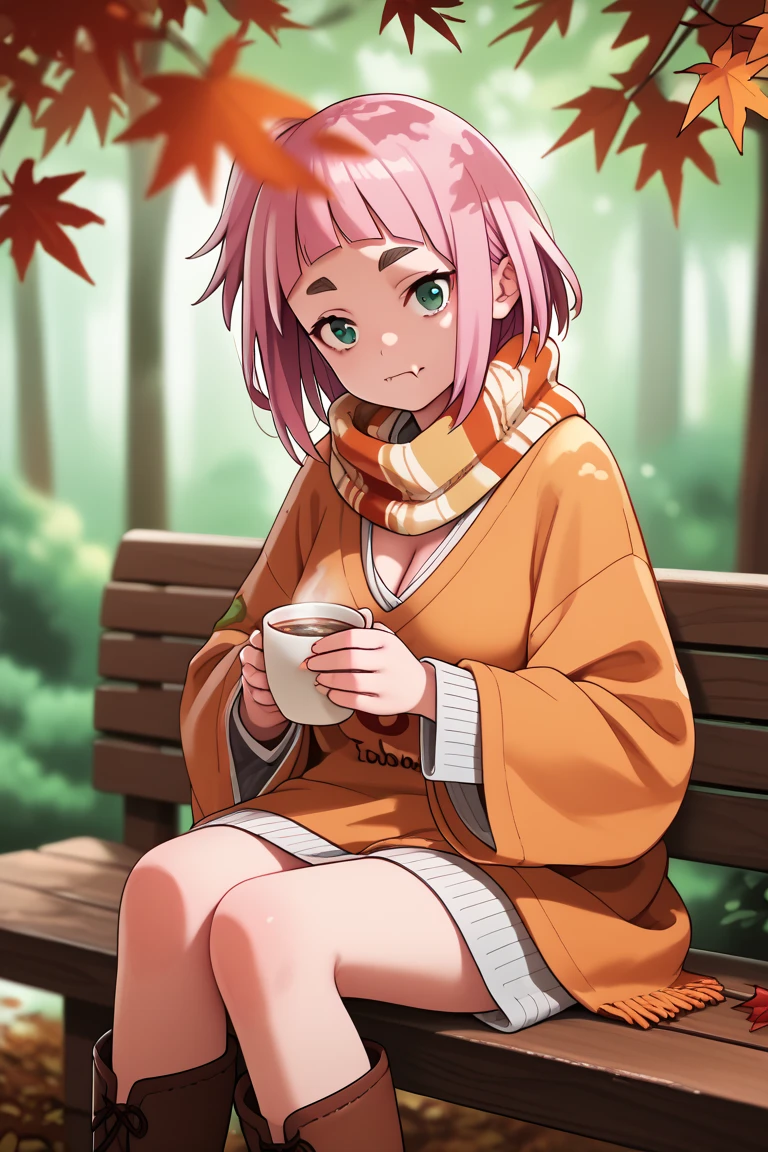 source_anime,
kiuiwatase, kiui watase, short hair, bangs, green eyes, pink hair, thick eyebrows,blunt bangs, open hair
skin fang, large breasts, cleavage,                        autumn forest theme, warm golden leaves, wearing a cozy oversized sweater (cream), brown boots, sitting on a wooden bench surrounded by fallen leaves, holding a steaming cup of tea, soft scarf (light orange) wrapped loosely, sunlight breaking through tree branches, calm and introspective expression, slight head tilt, blurred background with autumn foliage, rich warm color palette, cinematic depth of field, tranquil and nostalgic atmosphere