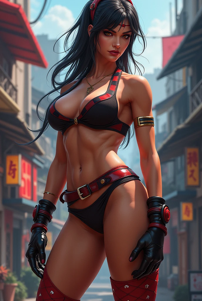 (8k, best quality, masterpiece:1.2) (realistic, photo-realistic:1.37) (full body) 1female solo girl, standing, legs apart (wide stance) standing contrapposto, ultra-detailed, cute (Tifa Lockhart) (large breasts:1.5) (beautiful detailed eyes) (smile:1.2) (closed mouth) sharp focus, depth of field, good composition, Final Fantasy VII, very long straight hair, hair bang ((red_eyes)), intricate, bokeh (Tetsuya Nomura style) perfect breasts, white tank top, black thong, suspenders, gloves, stockings, toned body, athletic, wide hips, thin waist, toned arms, exposed abdomen, view from behind