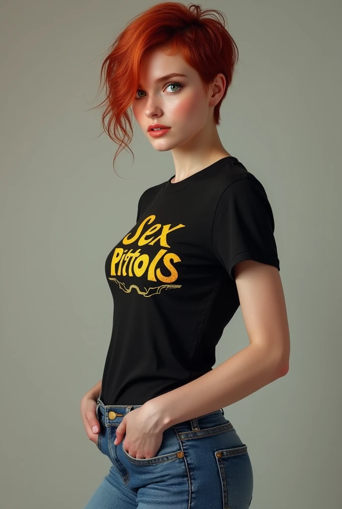 a yearbook portrait a skinny attractive jewish junemodel woman is sitting posing for a photo, black logo t-shirt, curly blonde hair