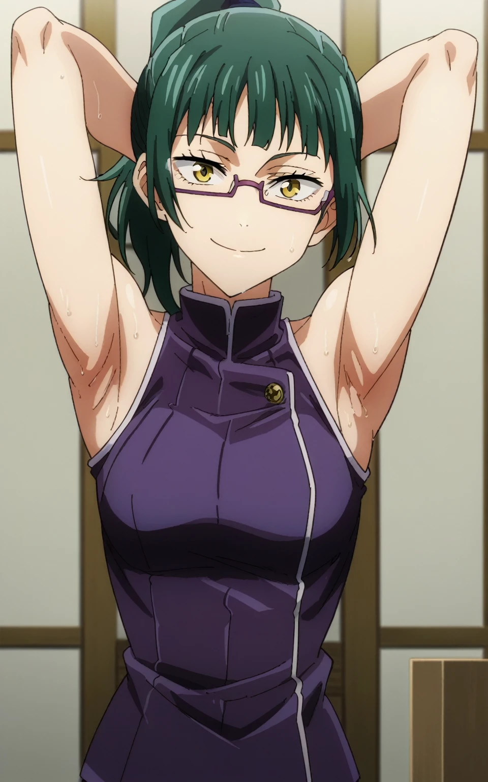 score_9, score_8_up, score_7_up, source_anime, anime screencap, 1girl, solo, Maki Zenin, yellow eyes, green hair, ponytail hair, glasses ,mediun breasts, (ribbed jacket, purple jacket:1.1), sleeveless jacket, turtleneck, arms behind head, armpits, looking at viewer, head towards viewer, smile, badhandv4, indoors, bare shoulders, bare arms, closed mouth, sweaty armpits