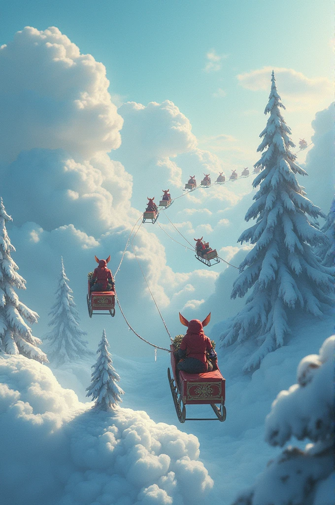 Thousands of sleighs in the sky and elves watching people with red eyes