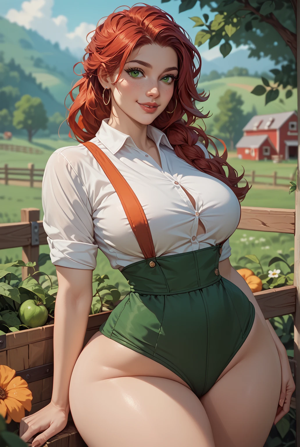 Red hair, long hair, green eyes,1girl, Solo, Accurate, Anatomically Correct, High Details, Best Quality, Large breasts, round butt, thick thighs, small waist, full pouty lips, sexy, farmer,Light Smile, Multiple Views, 