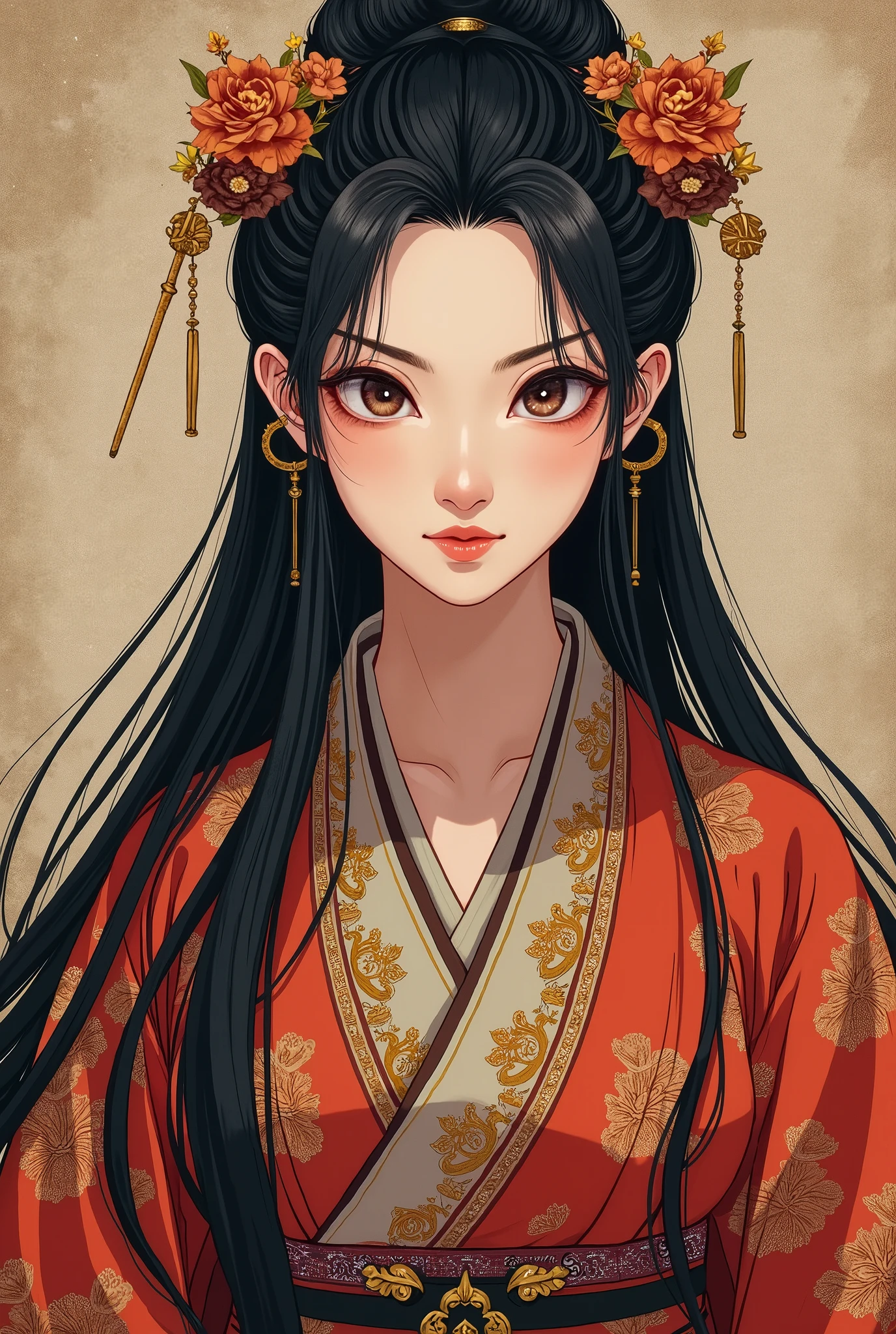  Japan's Warring States Period ,  Takeda Shingen's concubine "Princess Suwa ",  young beautiful princess from the Sengoku period, Body facing forward,  Black Hair Long Straight , Beautiful and elegant face ,  brightly colored costume ,  high image quality, masterpiece, 