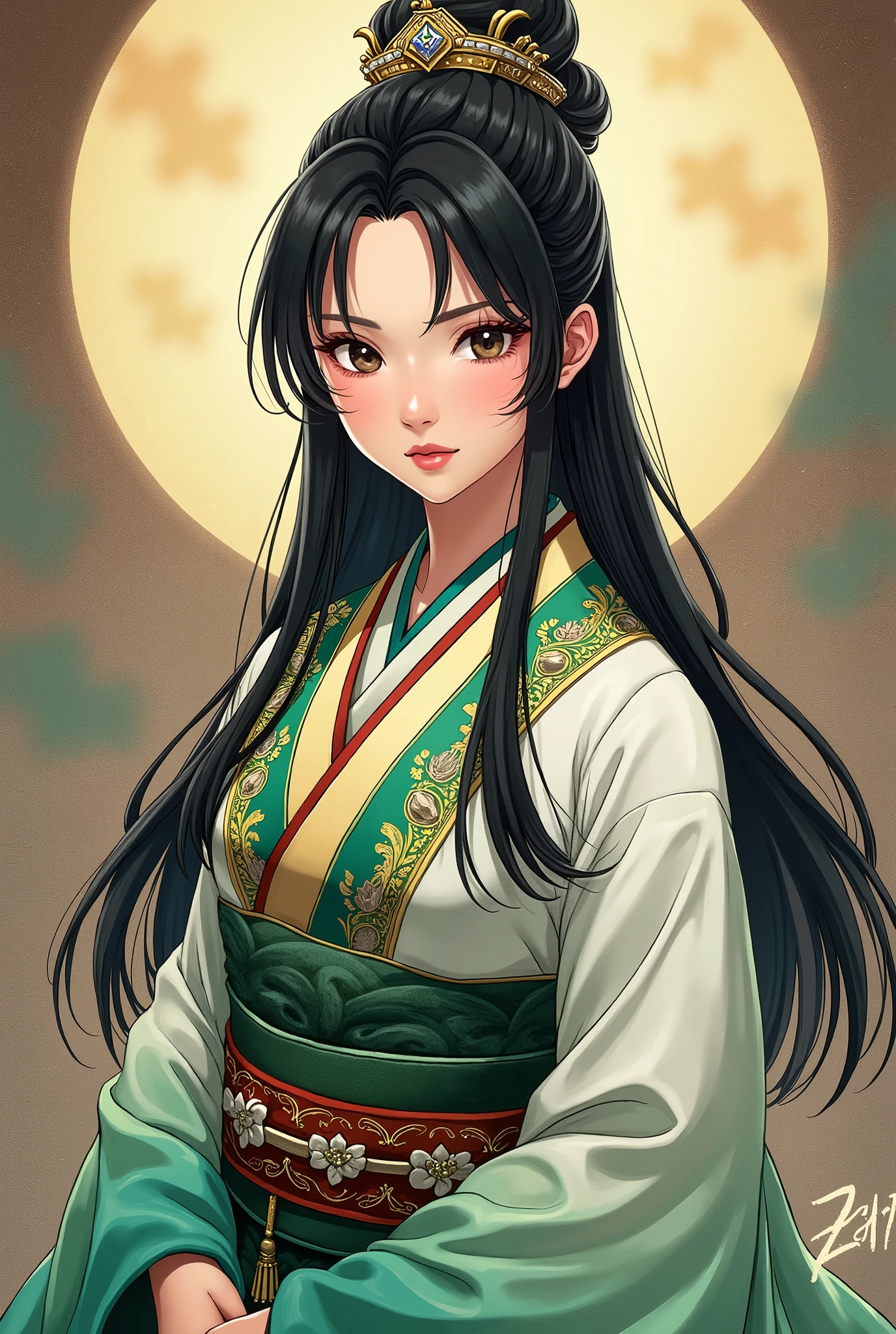  Japan's Warring States Period ,  Takeda Shingen's concubine "Princess Suwa ",  young beautiful princess from the Sengoku period, Body facing forward,  Black Hair Long Straight , Beautiful and elegant face ,  brightly colored costume , white, green,  high image quality, masterpiece, 