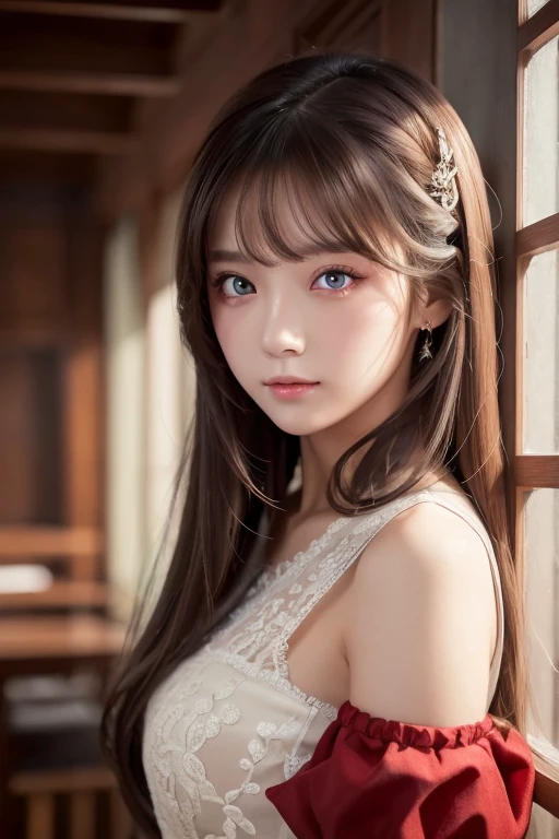 Bright atmosphere、lovely delicate face, high-quality 4k portrait, high quality portrait, soft flawless pale skin, 8K highly detailed face, Beautiful delicate face, beautiful light big eyes, beautiful and realistic faces, beautiful young woman with, beautiful and realistic faces, cute young woman,Princess、Petite girl、off shoulder tops dress、Official art、Unity 8k Wallpapers、ultra-detailliert、Beautiful fece、Beautiful fece、masterpiece、top-quality、mystery, romanticism, Deities々Shisu, literary, art by, lo fashion, Victorian, ornamented, Complexity, Ironwork, Ren Hao, pondering, emotional depth, Supernatural, 1 rapariga, 独奏, coll, tiny chest