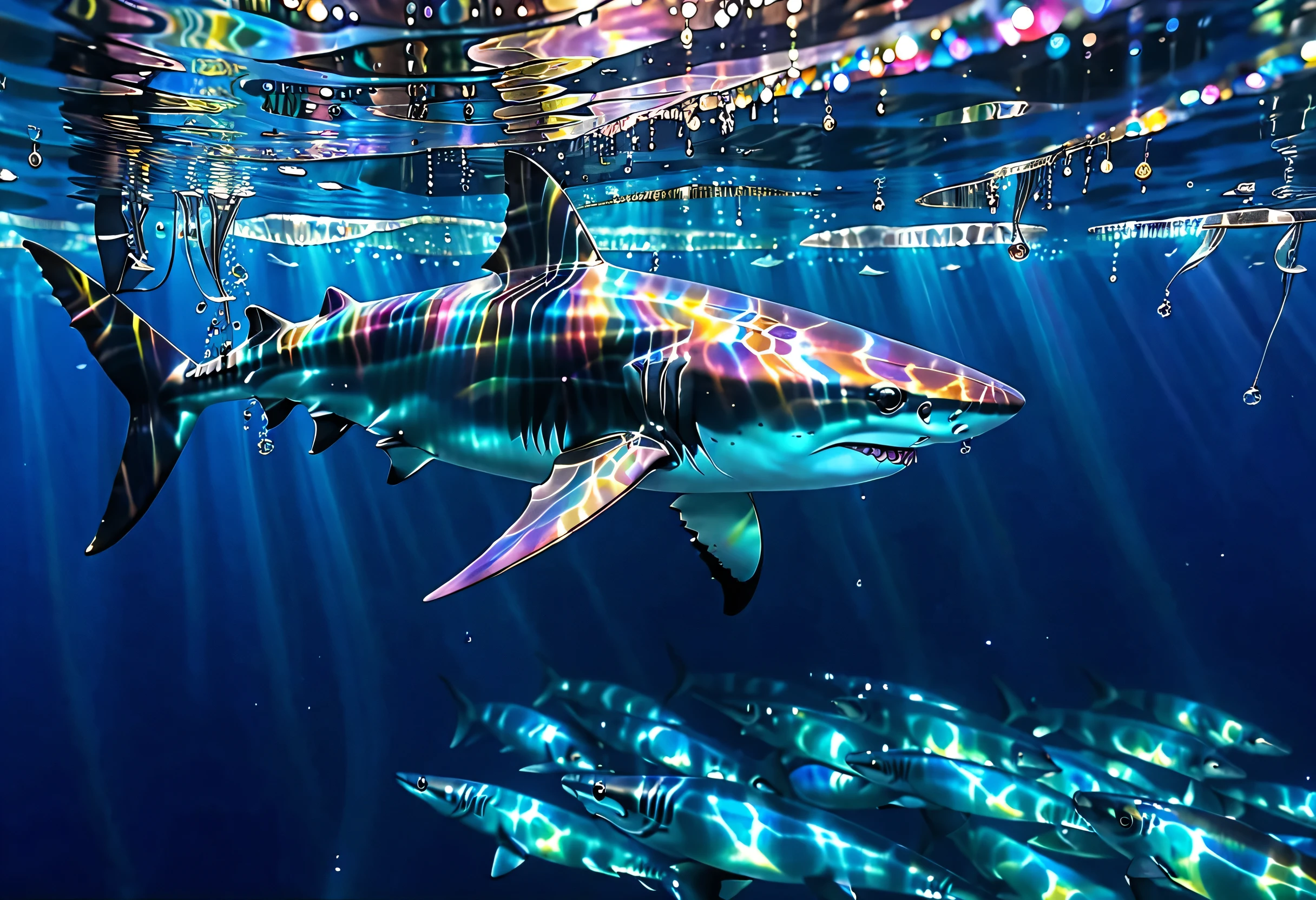 Shark　shark　The ocean's beautiful　element　Jelly Sea, Amazing depth,　Like a jewel　Bubble　swim　In the sea　 glitter　 beautiful魚　reflection、 beautiful　 beautifulShark