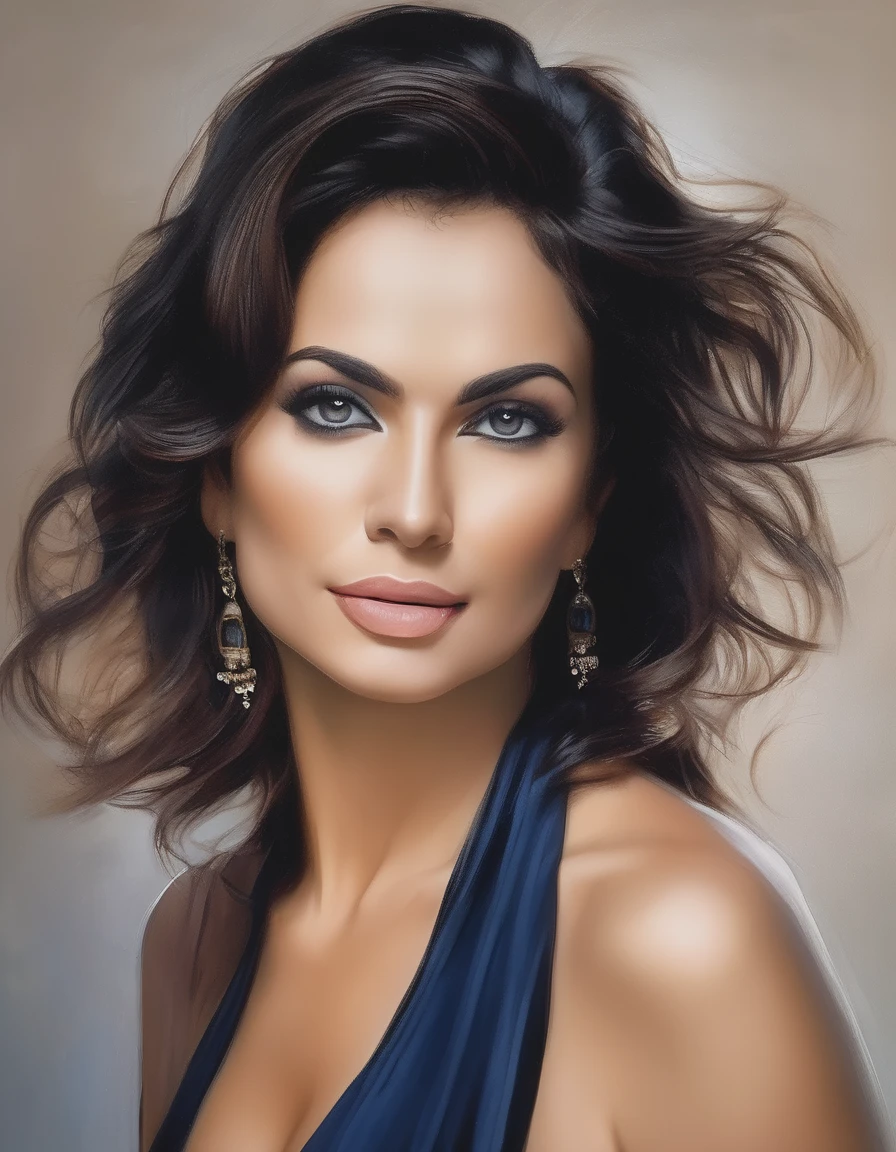 Full body image, hyperrealistic photograph of a sexy woman, 35 years old, sexy body, black saree, big breasts, very light brown hair, blue eyes, small earring in right ear, very long eyelashes, sensual lips, provocative and sexy expression. 