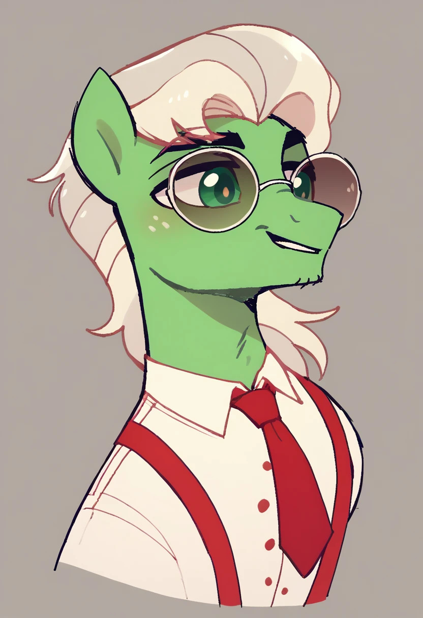 Mlp ,Pony Male, whiter hair Style , Green pupils , white shirt  ,Suspenders ,StickySweet Style , Red Tie ,  round Sunglasses ,