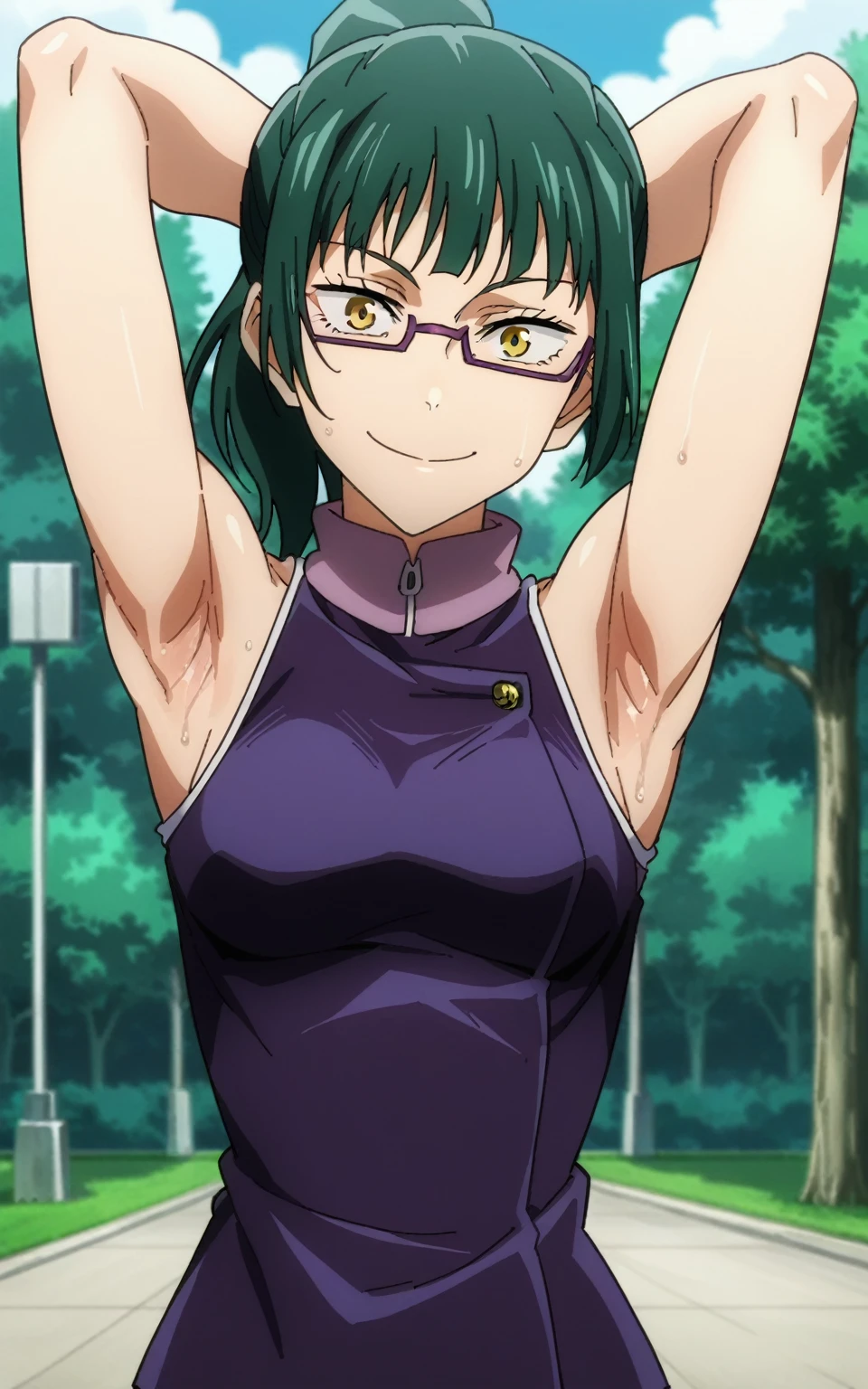 score_9, score_8_up, score_7_up, source_anime, anime screencap, 1girl, solo, Maki Zenin, yellow eyes, green hair, ponytail hair, glasses , mediun breasts, purple jacket, sleeveless jacket, turtleneck, arms behind head, armpits, looking at viewer, head towards viewer, smile, badhandv4, outdoors, park, bare shoulders, bare arms, closed mouth, sweaty armpits