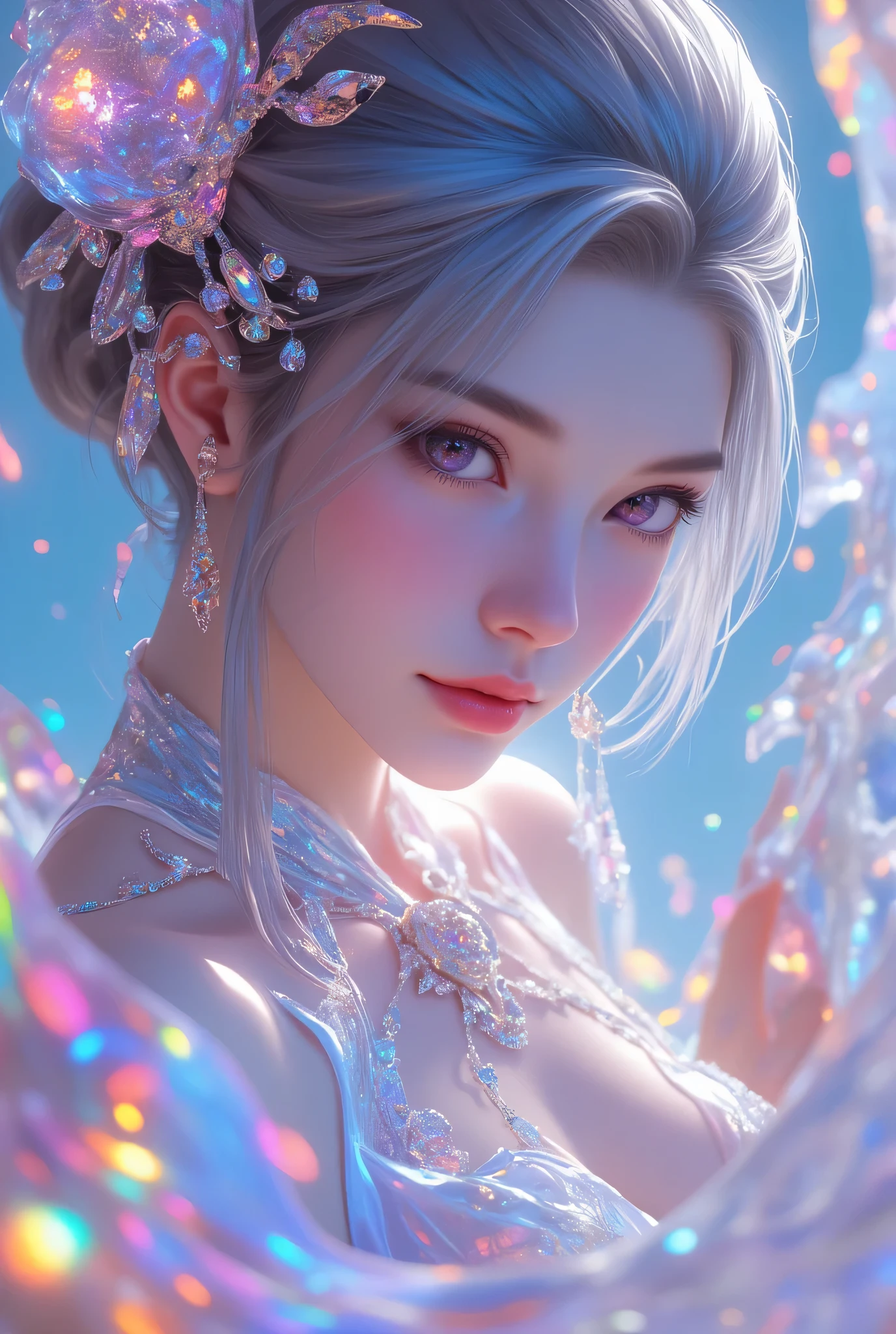 Wonderful fantasy world art, photorealistic 3D rendering of a stunning liquid-like girl. Her whole body is composed of glittering translucent liquids with vibrant, harmonious color gradients, suggesting movement and energy,the design of the figure emphasizes the ethereal nature of zero gravity and liquid, It has a texture that beautifully harmonizes Japanese women, natural gemstones, and natural clusters. This background shines in a blend of shining shades and includes stunning natural crystals, rainbow-colored gems that emit dazzling light, and a huge crystal centerpiece. The person's real and realistic eyes are seductive, giving her a soul-like presence. The overall composition is a masterpiece of elegance, arousing awe and admiration. Clusters of natural stones, dazzling shine, beautiful transparency, crystal clear beauty, and magnificent scenery, very cute and beautiful face, Seven-color shine, diamonds, symbols of beauty, It must contain miracles and surprises that really capture the moment. Very delicate and very detailed,