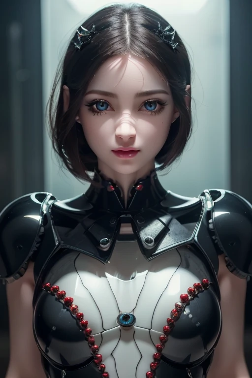 8k,  dark_fantasy, delicate face, ( Delicate Glass Eyes: 1.5), Full body portrait, One eye is black, One eye is red, 1 person, MECHANICAL MIRACLE ,   ROBOT PRESENCE