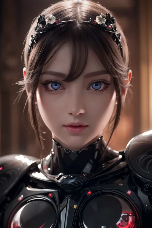 8k,  dark_fantasy, delicate face, ( Delicate Glass Eyes: 1.5), Full body portrait, One eye is black, One eye is red, 1 person, MECHANICAL MIRACLE ,   ROBOT PRESENCE