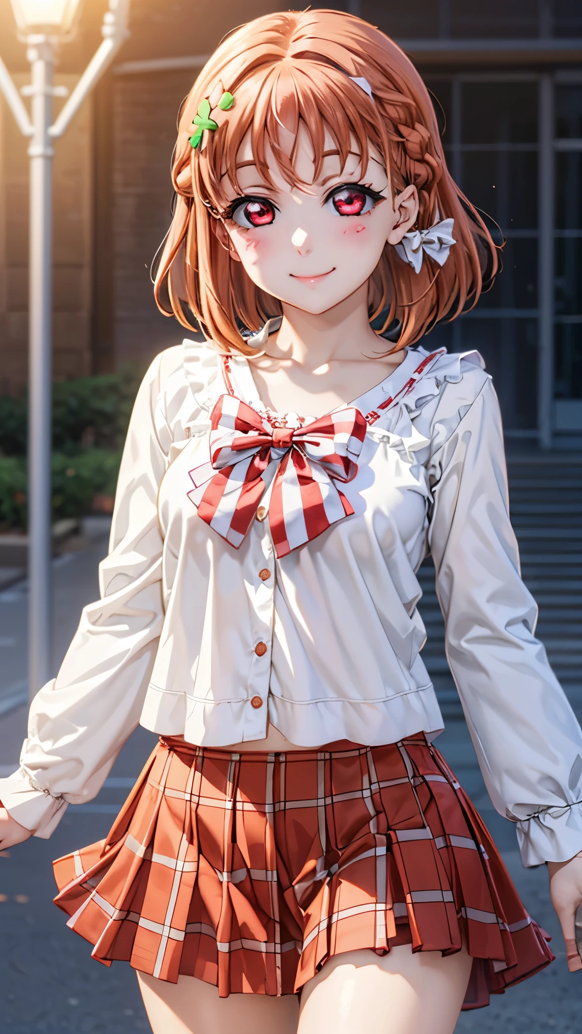 Chikatakami , Takami Chika, short hair, hair accessory as Kamui , ( red eyes:1.3), bow, braided , , hair bow, orange hair, side braided , yellow bow, clover hair accessory as Kamui ,
break skirt,break looking at viewer, ( cowboy shot:1.5),
break (masterpiece:1.2), top quality , high res, unity 8k wallpaper, ( illustration:0.8), ( beautiful detailed eyes:1.6), Extremely Exquisite Face , perfect lighting, extremely detailed CG, (perfect hand, Perfect Anatomy), blush, smiles,