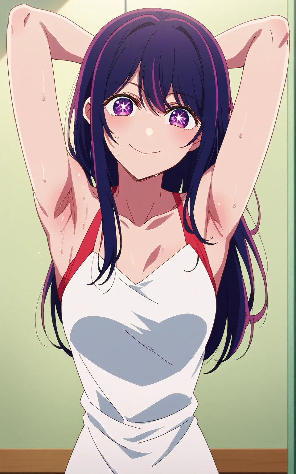 score_9, score_8_up, score_7_up, source_anime, anime screencap, 1girl, solo, ai hoshino, purple eyes, star pupils, purple hair, long hair, mediun breasts, ai hoshino idol outfit, sleeveless, arms behind head, armpits, looking at viewer, head towards viewer, smile, laugh, badhandv4, indoors,idol stage, bare shoulders, bare arms, closed mouth, sweaty armpits,