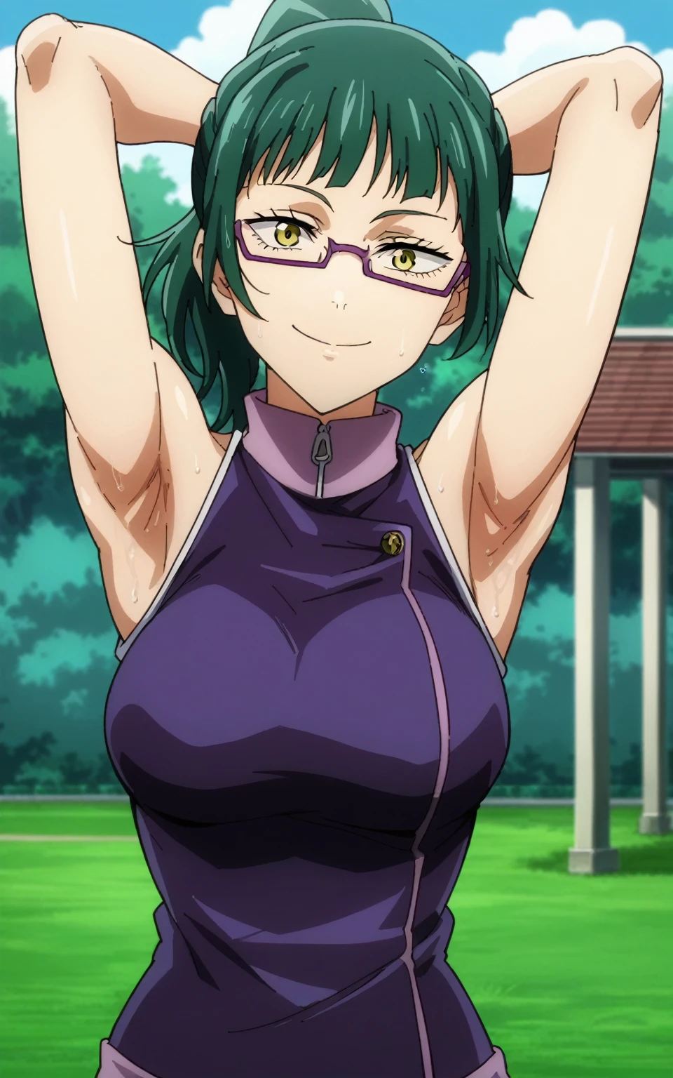 score_9, score_8_up, score_7_up, source_anime, anime screencap, 1girl, solo, Maki Zenin, yellow eyes, green hair, ponytail hair, glasses , large breasts, purple jacket, sleeveless jacket, opened jacket, turtleneck, arms behind head, armpits, looking at viewer, head towards viewer, smile, badhandv4, outdoors, park, bare shoulders, bare arms, closed mouth, sweaty armpits