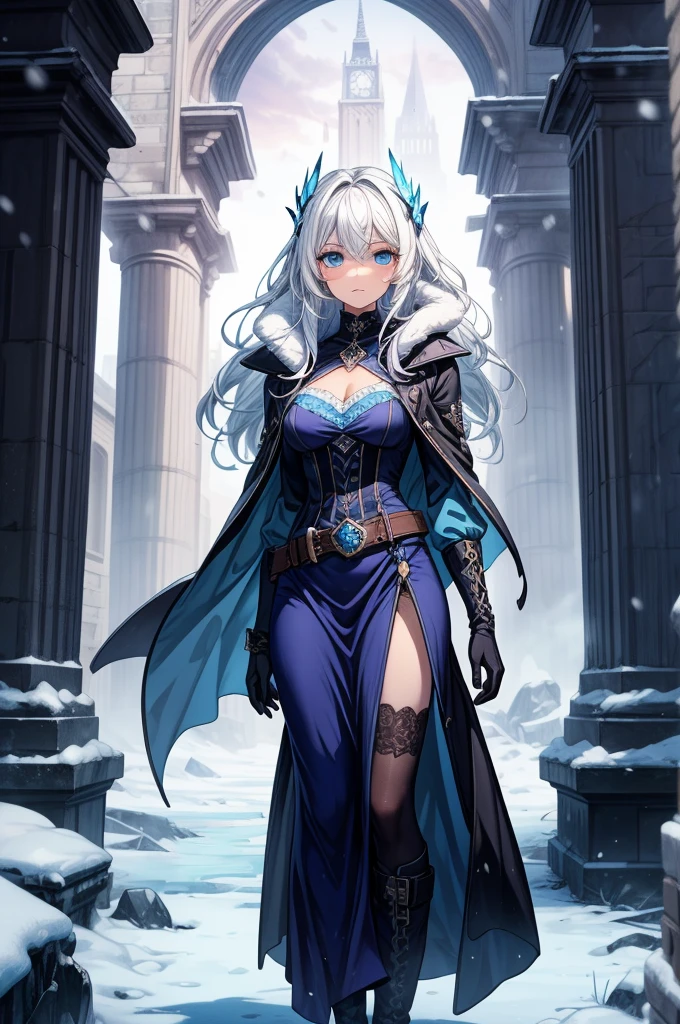 Detailed, Ambient Light, Realistic Shadows, Digital Art,
{{{{masterpiece}}}}, {{{{best quality}}}},1girl,(best quality:1.5),((( bodysuit, black long coat,    egypt mythology, egyptian clothes,  dragon-scaly skin,skin covered in dragon scales, blue scales, scaly,  full armor, armored dress, chest armor, egyptian clothes, closed mouth,    ))),dragon horns,in forest,small ear, blue eyes, fangs, slit pupils,( ( belt,   huge breasts,egyptian clothes,   )), mature female, white hair,Frosty goddess of ice and snow, her piercing gaze freezing the landscape around her, icicles and snowflakes swirling in her wake as she commands the frozen elements. Realistic photography, professional color graded\n\n,professional color graded, 8K\n, fur trim,  ( horns, standing, white eyelashes, bangs, french braid, long  wavy hair  :1.2), [[[leaning forward, leaning back, leaning to the side, leaning, leaning on person:1.5]]], shaded face, ((sharp eyes, sharp gaze, slanted eyes:1.2)), full armor,
, volumetric lighting,good lighting,, masterpiece, best quality, highly detailed,extremely detailed cg unity 8k wallpaper,illustration,((beautiful detailed face)), best quality, (((hyper-detailed ))), high resolution illustration ,high quality, highres, sidelighting, ((illustrationbest)),highres,illustration, absurdres, hyper-detailed, intricate detail, perfect, high detailed eyes,perfect lighting, (extremely detailed CG:1.2), [  Umbilical :1.5 ]
