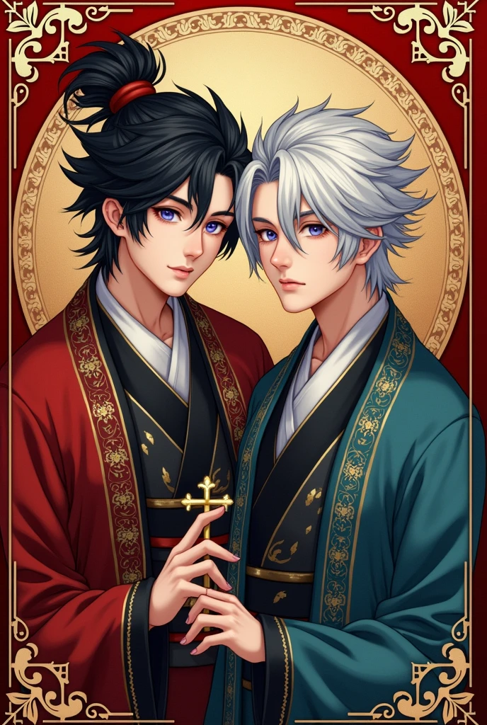 Help me make a book cover for a novel with an imperial theme accompanied by ornaments on each side. Where there are two young men, one with black hair and the other with silver hair. The black-haired one is slightly taller than the white-haired one and look like emperors, while the silver-haired ones are rather sweeT.