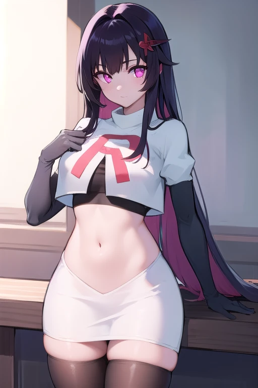 1girl, black hair, long hair, serious, salute, purple eyes, white bodysuit, bodysuit, large breasts, breasts, futuristic, tech, science-fiction, machinery, mature female, thick thighs, long sleeves, full body, ((full body)), standing, sneakers, hourglass figure