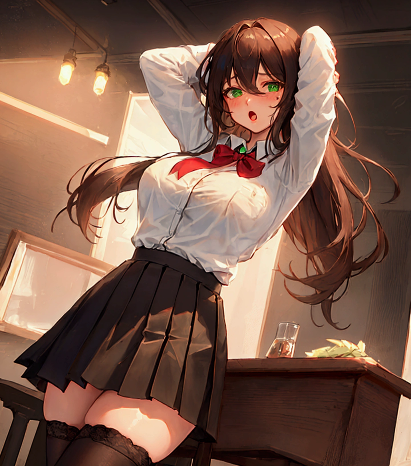 lisa,  impact genshin ,  a girl, alone, ((camisa blanca)), black thighhighs,  big breasts, neckline, uniform, office background, black flick, pleated skirt, office,  hair between the eyes,  messy hair , large chest,  long hair,  Looking at the viewer,  brown hair , short red nails,  green eyes, alone, thighhighs, thighs,  Very long hair, (( masterpiece)), classroom,  machine , chair, Meeting , class Meeting , teaching,blush, adult woman,  big sister ,  Open your mouth,  narrows your eyes , Emphasize the chest, Expose a &#39;s chest ,  proudly , Raise the arms,  Pose that shows your armpits, 