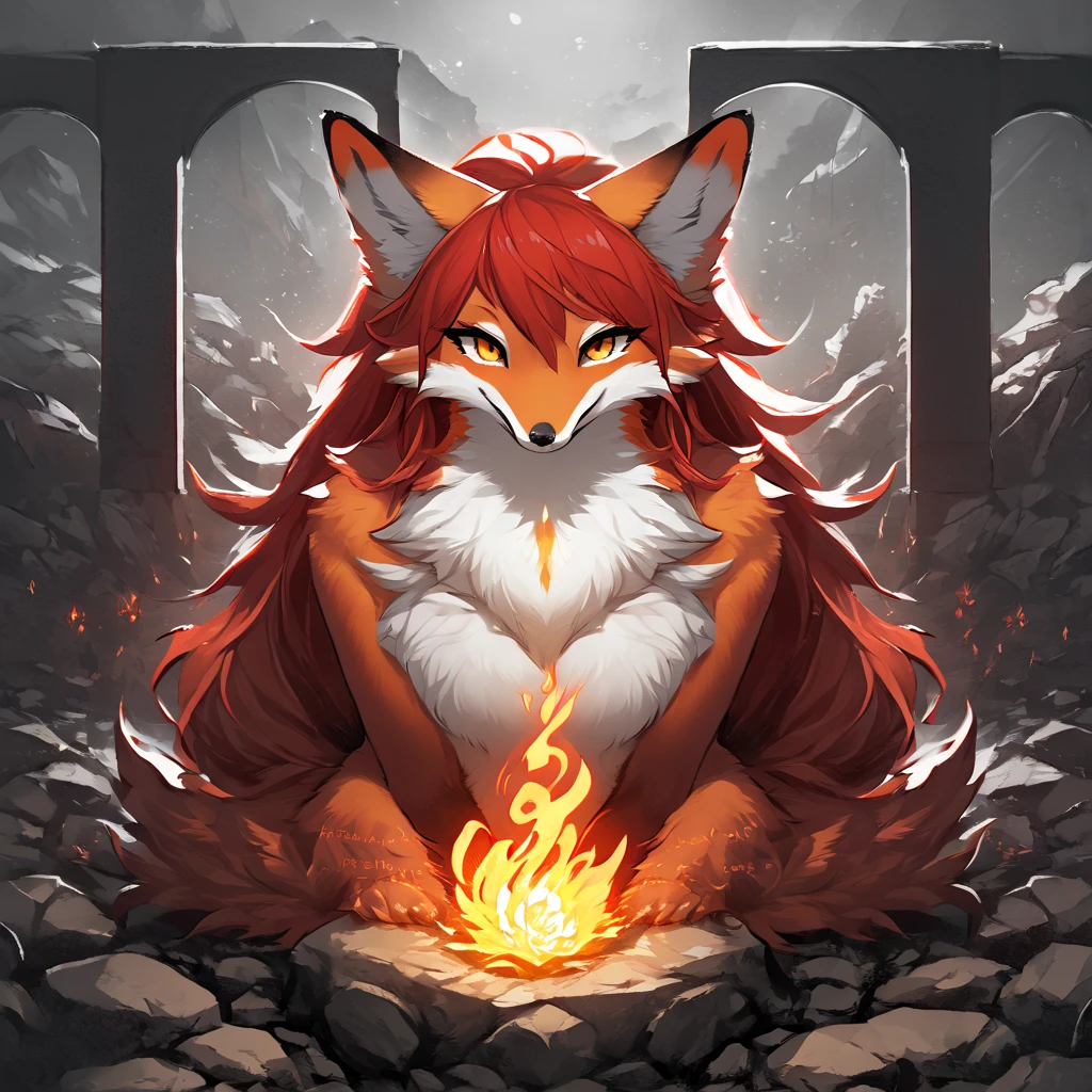 red fox, female, vixen, beautiful, red hair, yellow eyes, full body, moody, elegant, mysterious, highres, unparalleled masterpiece, perfect artwork, absurdres, masterpiece, (kemono, furry anthro), (long fluffy fox tail), kitsune, (holding fox fire magic on paw), sexy body, voluptuous, (in a forest, dawn, incantations on a boulder), friendly smile, looking at viewer with adoration, foxy waifu mommy, cute fox, smiling cutely, comfy fox girl, (chest fluff), (digitigrade), breasts, pussy, nude, standing, bending over, looking back at viewer, behind view, back view