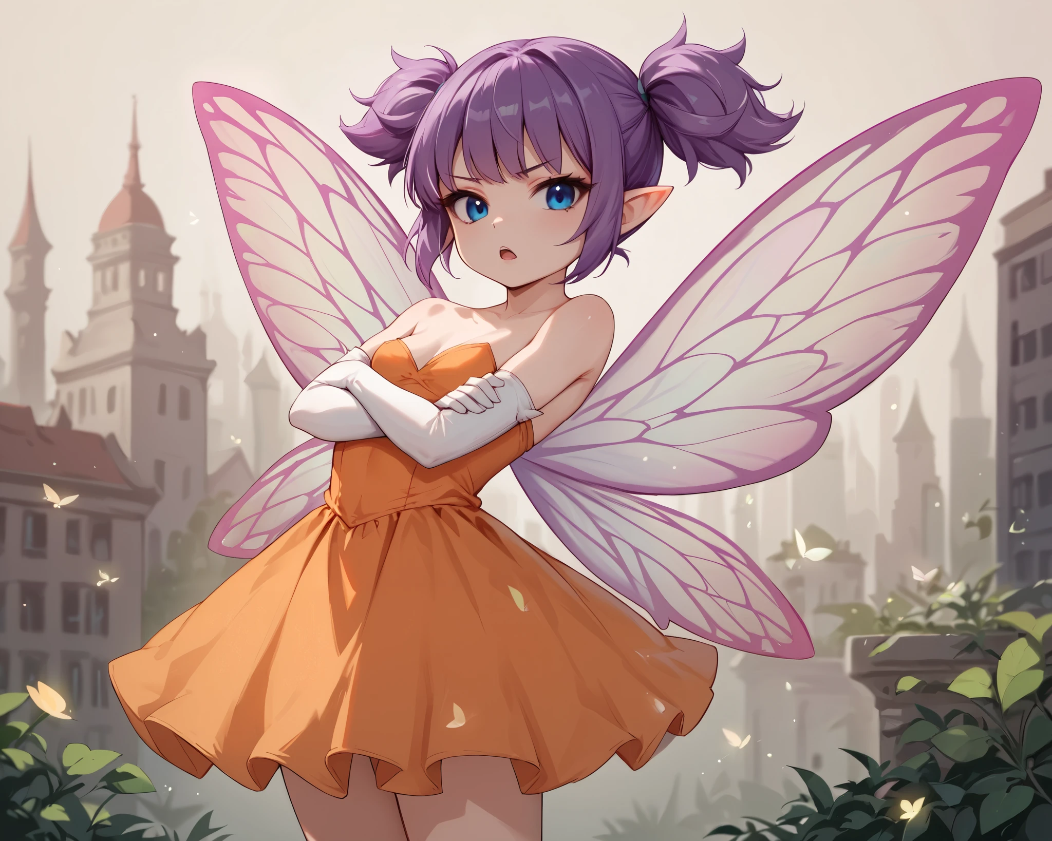 score_9_up, score_8_up, score_7_up, 1girl, solo, source_anime, fairy, FairyForm, Fairy Wings, Wings BREAK 

Short twintails, fairy wings, bangs, small breasts, purple hair, blue eyes BREAK 

Orange dress, shiny dress BREAK elbow gloves, white gloves, strapless, bare shoulders, frown, open mouth, crossed arms BREAK 

Looking at viewer, standing, outdoors, city, urban area BREAK 