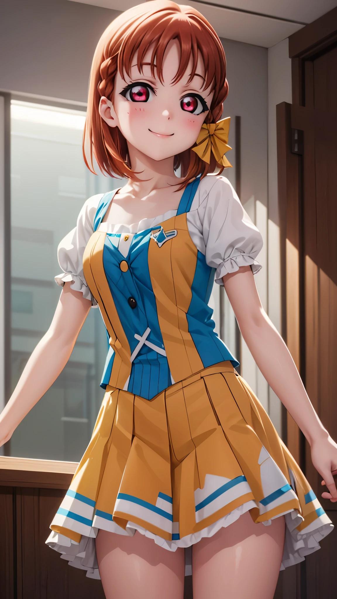 Chikatakami  , Takami Chika,  short hair,  hair accessory as Kamui , ( red eyes:1.3), bow,  braided ,  , hair bow,  orange hair, side  braided , yellow bow, clover  hair accessory as Kamui ,
break skirt,break looking at viewer, ( cowboy shot:1.5),
break (masterpiece:1.2),  top quality ,  high res, unity 8k wallpaper, ( illustration:0.8), ( beautiful detailed eyes:1.6),  Extremely Exquisite Face ,  perfect lighting,  extremely detailed CG, (perfect hand,  Perfect Anatomy), blush,  smiles, 