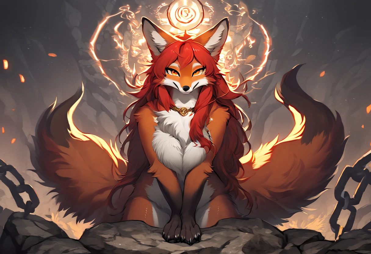 red fox, female, vixen, beautiful, red hair, yellow eyes, full body, moody, elegant, mysterious, highres, unparalleled masterpiece, perfect artwork, absurdres, masterpiece, (kemono, furry anthro), standing, (long fluffy fox tail), kitsune, (holding fox fire magic on paw), sexy body, voluptuous, (standing at beginning of a bridge, rocky ground, giant metal chain, incantations on a boulder), friendly smile, looking at viewer with adoration, foxy waifu mommy, cute fox, smiling cutely, comfy fox girl, (chest fluff, covered chest), (digitigrade)