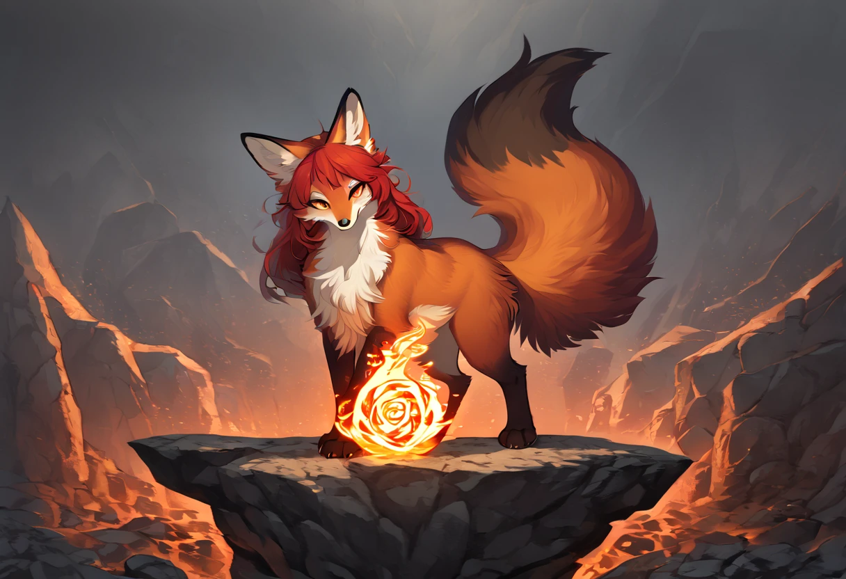 red fox, female, vixen, beautiful, red hair, yellow eyes, full body, moody, elegant, mysterious, highres, unparalleled masterpiece, perfect artwork, absurdres, masterpiece, (kemono, furry anthro), standing, (long fluffy fox tail), kitsune, (holding fox fire magic on paw), sexy body, voluptuous, (standing at beginning of a bridge, rocky ground, giant metal chain, incantations on a boulder), friendly smile, looking at viewer with adoration, foxy waifu mommy, cute fox, smiling cutely, comfy fox girl, (chest fluff, covered chest), (digitigrade)