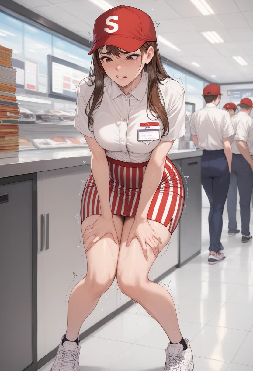 solo, alone , brown hair, long hair, brown eyes, employee uniform, red headwear, baseball cap, white shirt, collared shirt, short sleeves, pencil skirt , red skirt, striped skirt, miniskirt, sweat, trembling, viewed from the front, standing , white sneakers, face in pain, holding thighs, front view