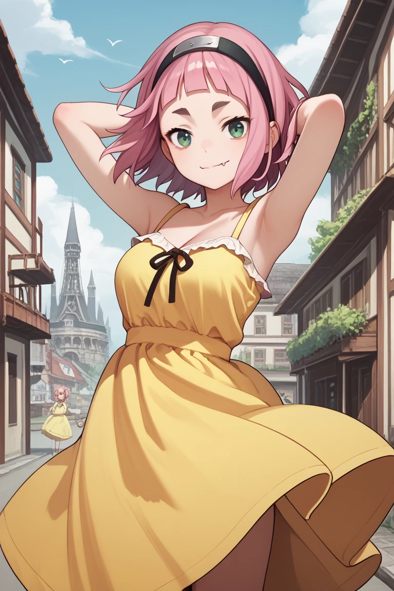 source_anime,
kiuiwatase, kiui watase, short hair, bangs, green eyes, pink hair, thick eyebrows,blunt bangs, open hair
skin fang, large breasts, cleavage,                       sundress, yellow dress, sleeveless dress, bare shoulders, victorian, outdoors, arms behind head, cowboy shot, brown eyes, forehead protector, wind, wind lift, town, european architecture, lamppost, tower, grey sky, looking at viewer, closed mouth, smile