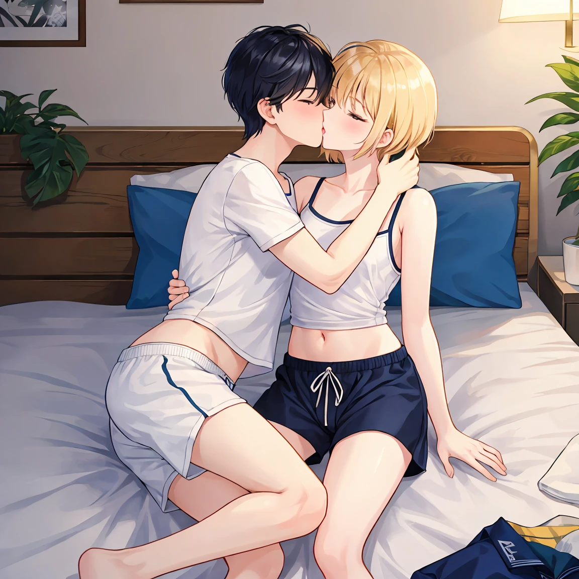 Golden short hair, Navy blue short hair,  male student(Two people),  on the bed,  boxer shorts,  Kiss