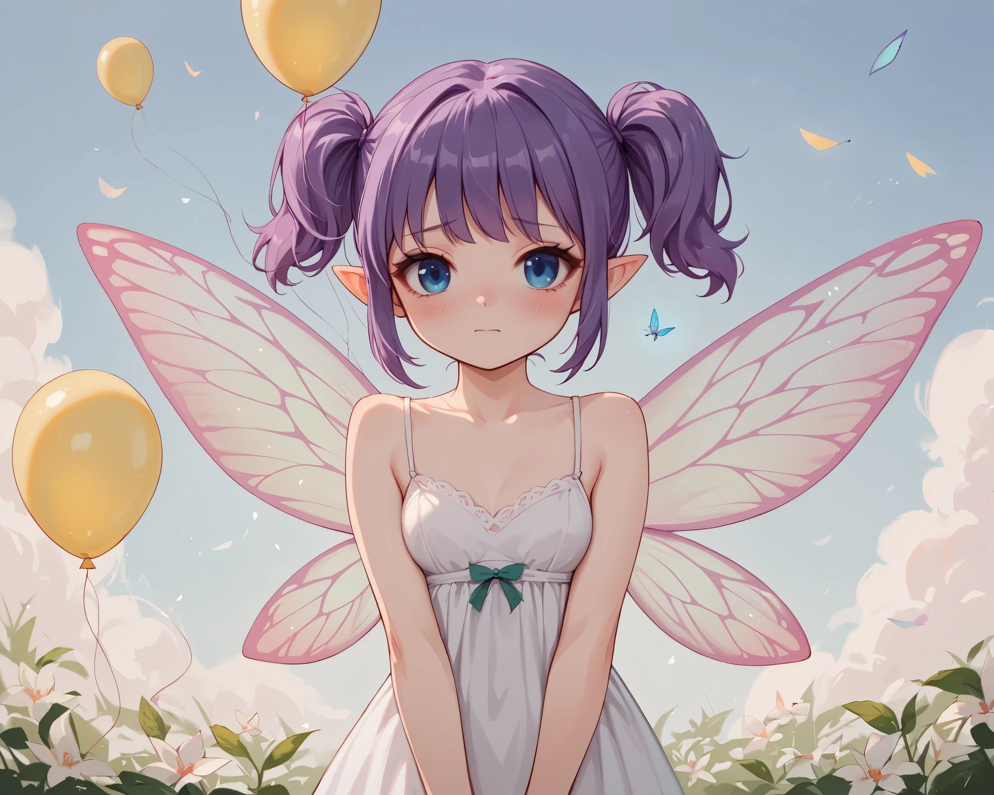 score_9_up, score_8_up, score_7_up, 1girl, solo, source_anime, fairy, FairyForm, Fairy Wings, Wings BREAK 

Short twintails, fairy wings, bangs, small breasts, purple hair, blue eyes BREAK 

White dress BREAK 

Closed mouth, shy face, looking at viewer, standing, outdoors, background sky, cloudy sky, blue sky, balloons BREAK 