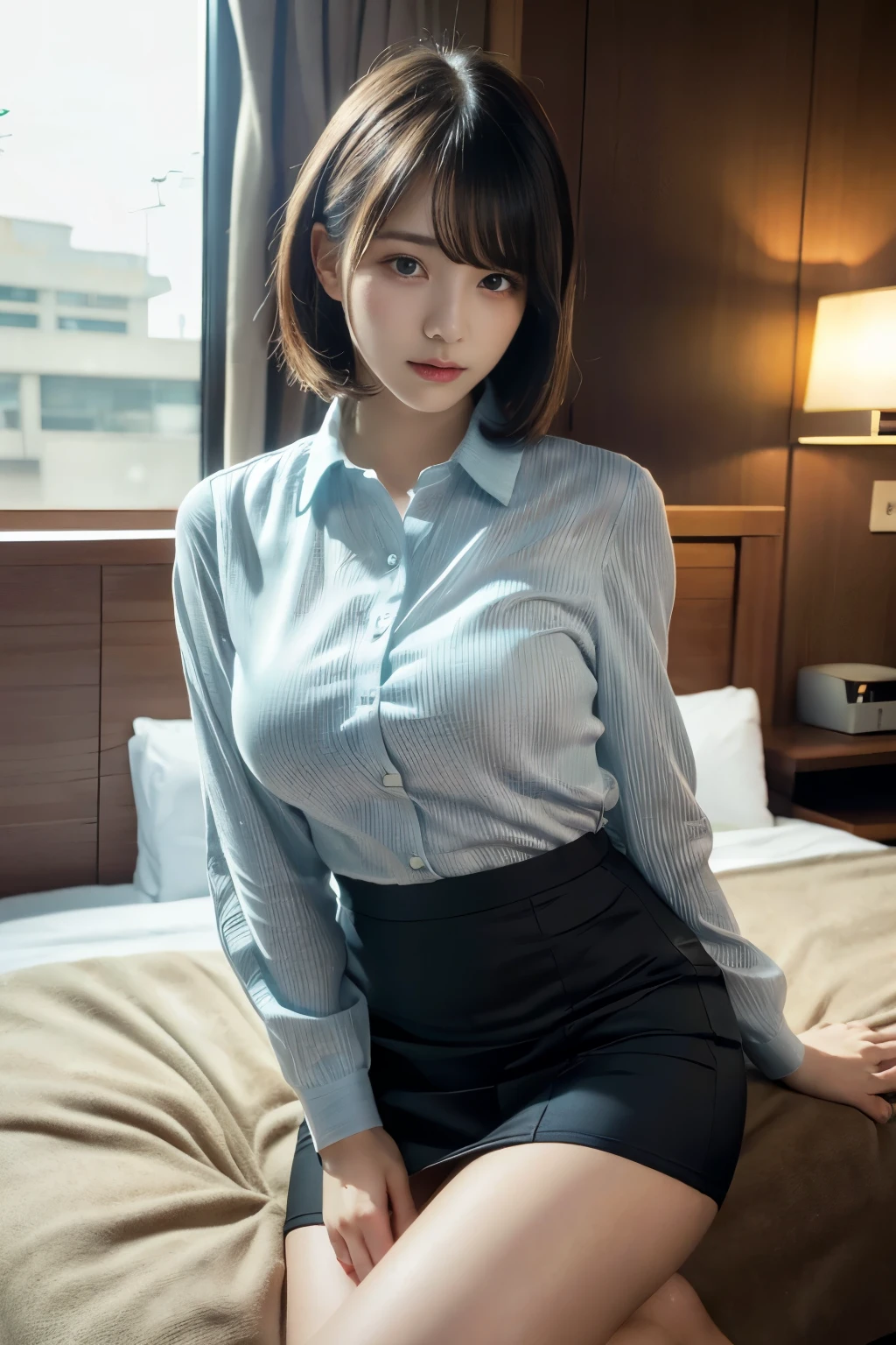 (8k, RAW Photo, Best Quality, Masterpiece:1.2), Ultra Detail, Super Resolution, (Realistic, Realistic Photo:1.37), Portrait, Professional Photo, Extremely Detailed and Beautiful, amazing and detailed, huge file size, official art, highly detailed CG unity 8k wallpaper, highly detailed beautiful girl, highly detailed face, highly detailed eyes, highly detailed skin, highly detailed fingers, highly detailed nose, very detailed detailed mouth , perfect anatomy, highly detailed background, highly detailed clothes, 1girl, 16s year old girl, cute girl, realistic body, petite, fair skin, glowing skin , slender proportions, A slight smil,Sexy and feminine,Bed room, medium breasts, Japanese's high school uniform,