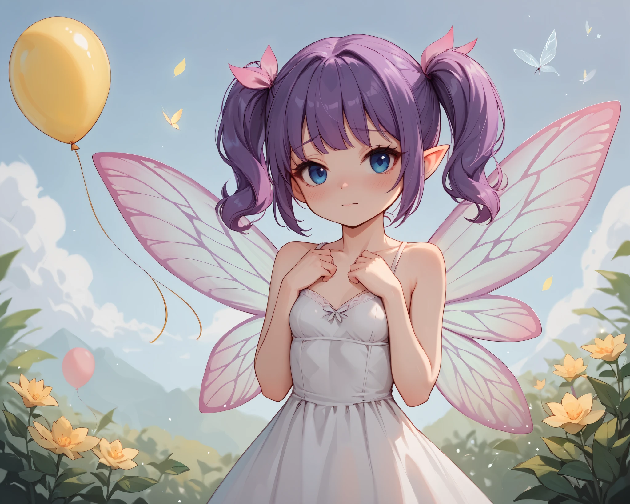 score_9_up, score_8_up, score_7_up, 1girl, solo, source_anime, fairy, FairyForm, Fairy Wings, Wings BREAK 

Short twintails, fairy wings, bangs, small breasts, purple hair, blue eyes BREAK 

White dress BREAK 

Closed mouth, shy face, looking at viewer, standing, outdoors, background sky, cloudy sky, blue sky, balloons BREAK 