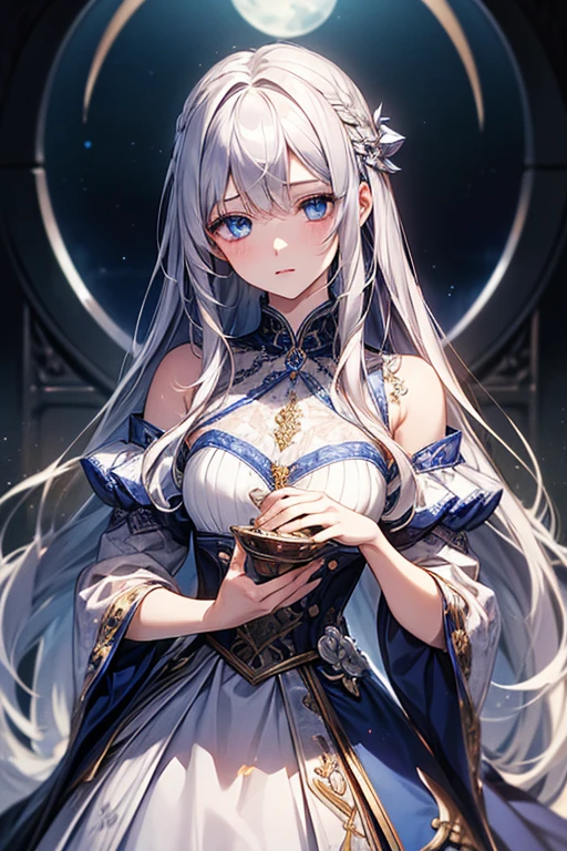 1 girl, anime, high quality, intricate details, futuristic, Greek aesthetic, streetwear, robes, tall, muscular, ancient aesthetic, silver jewelry, flirty, straight bangs, goddess aesthetic, soft smirk, long hair, side ponytail, headdress, confident, red eyes