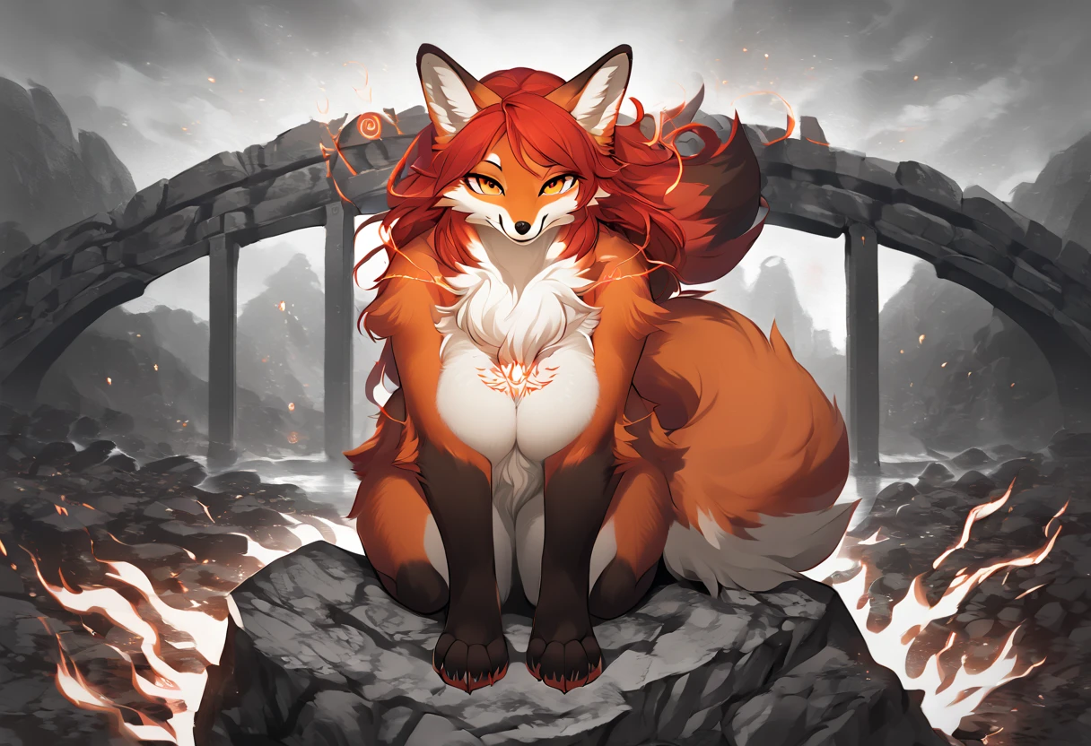 red fox, female, vixen, beautiful, red hair, yellow eyes, full body, moody, elegant, mysterious, highres, unparalleled masterpiece, perfect artwork, absurdres, masterpiece, (kemono, furry anthro), standing, (long fluffy fox tail), kitsune, (holding fox fire magic on paw), sexy body, voluptuous, (standing at beginning of a bridge, rocky ground, giant metal chain, incantations on a boulder), friendly smile, looking at viewer with adoration, foxy waifu mommy, cute fox, smiling cutely, comfy fox girl, (chest fluff, covered chest), (digitigrade)