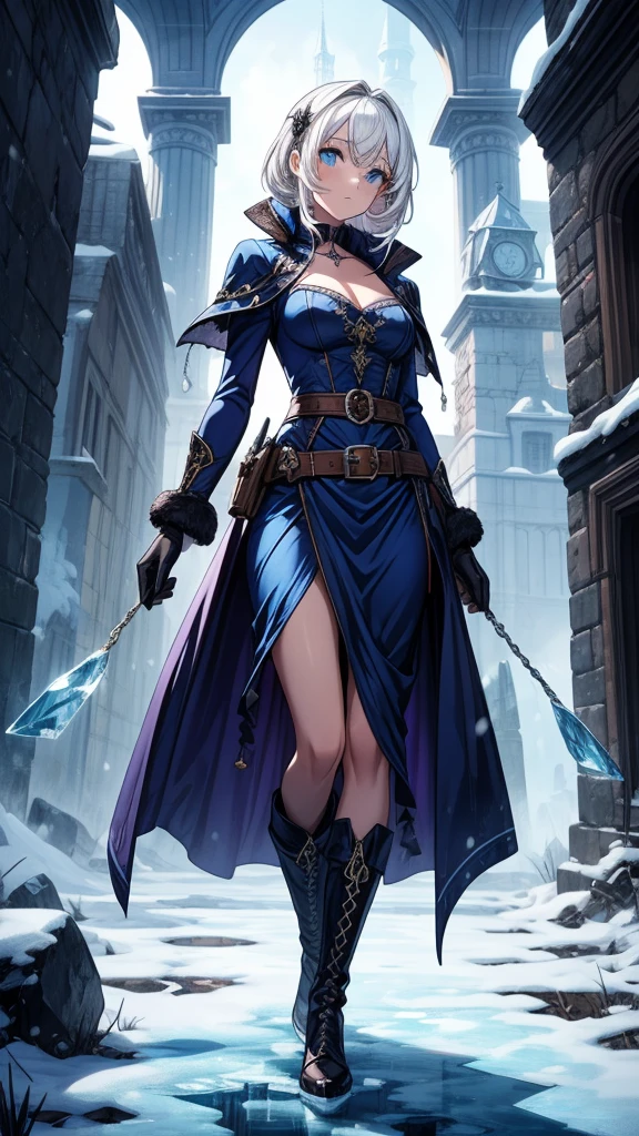 The spy girl, bow and arrows, blue suit, Leather corset, leather gloves, Hood, Leather belt, Blue eyes, anime, digital drawing, dark drawing, dark corridor of the castle, Middle Ages, intrigue