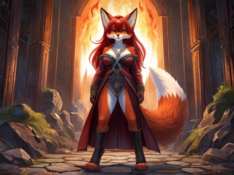 red fox, female, vixen, vibrant colors, gorgeous, majestic, beautiful, hair, scarlet hair, red hair, yellow eyes, smile, gazing at viewer with side eye, full body, night, moody, elegant, mysterious, highres, perfect artwork, absurdres, rzminjourney, vector-art, on knees, sexy body, voluptuous, waifu, pillow, Starlit Sorceress Attire, sexy sorceress outfit