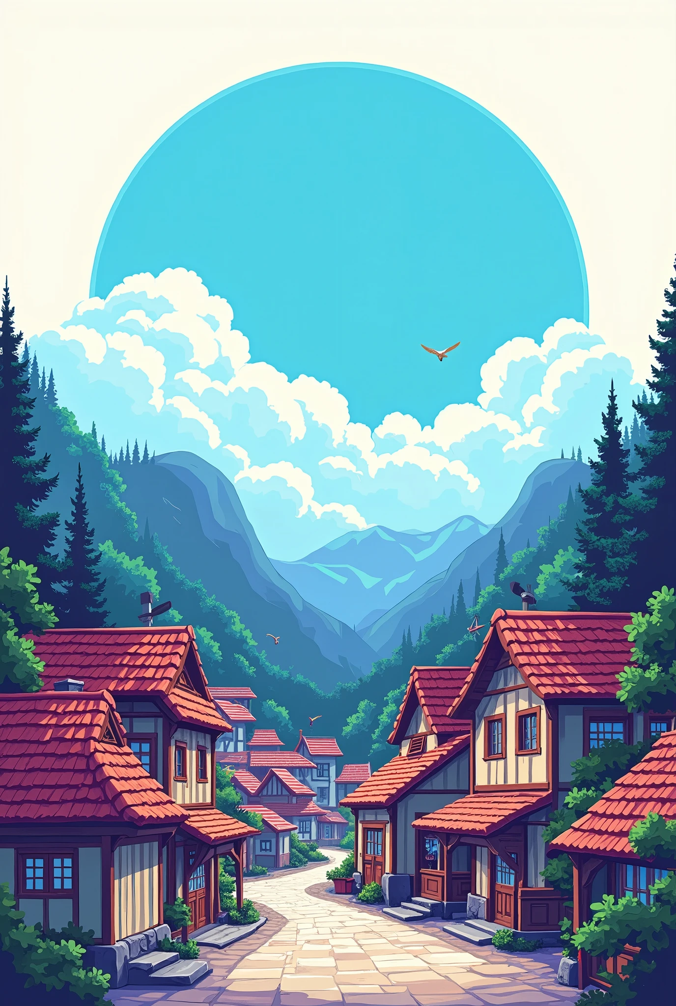 Vintage-style illustration of pixel village in a colorful retro design. The village is so peacefull. The background is clean and white, with bold neon colors like black, white, and blue for sky to highlight the classic arcade vibe.