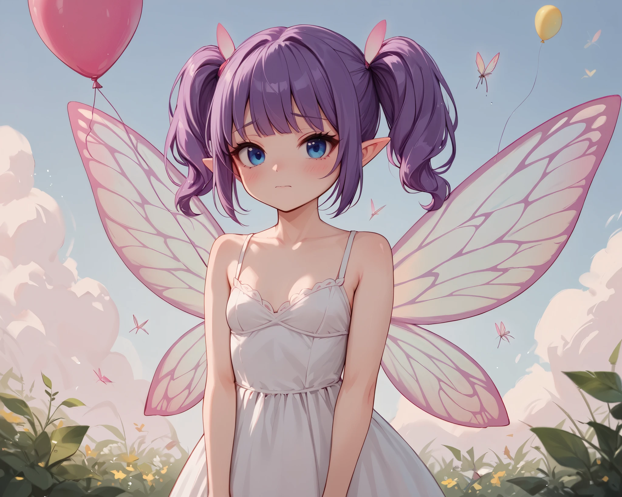 score_9_up, score_8_up, score_7_up, 1girl, solo, source_anime, fairy, FairyForm, Fairy Wings, Wings BREAK 

Short twintails, fairy wings, bangs, small breasts, purple hair, blue eyes BREAK 

White dress BREAK 

Closed mouth, shy face, looking at viewer, standing, outdoors, background sky, cloudy sky, blue sky, balloons BREAK 