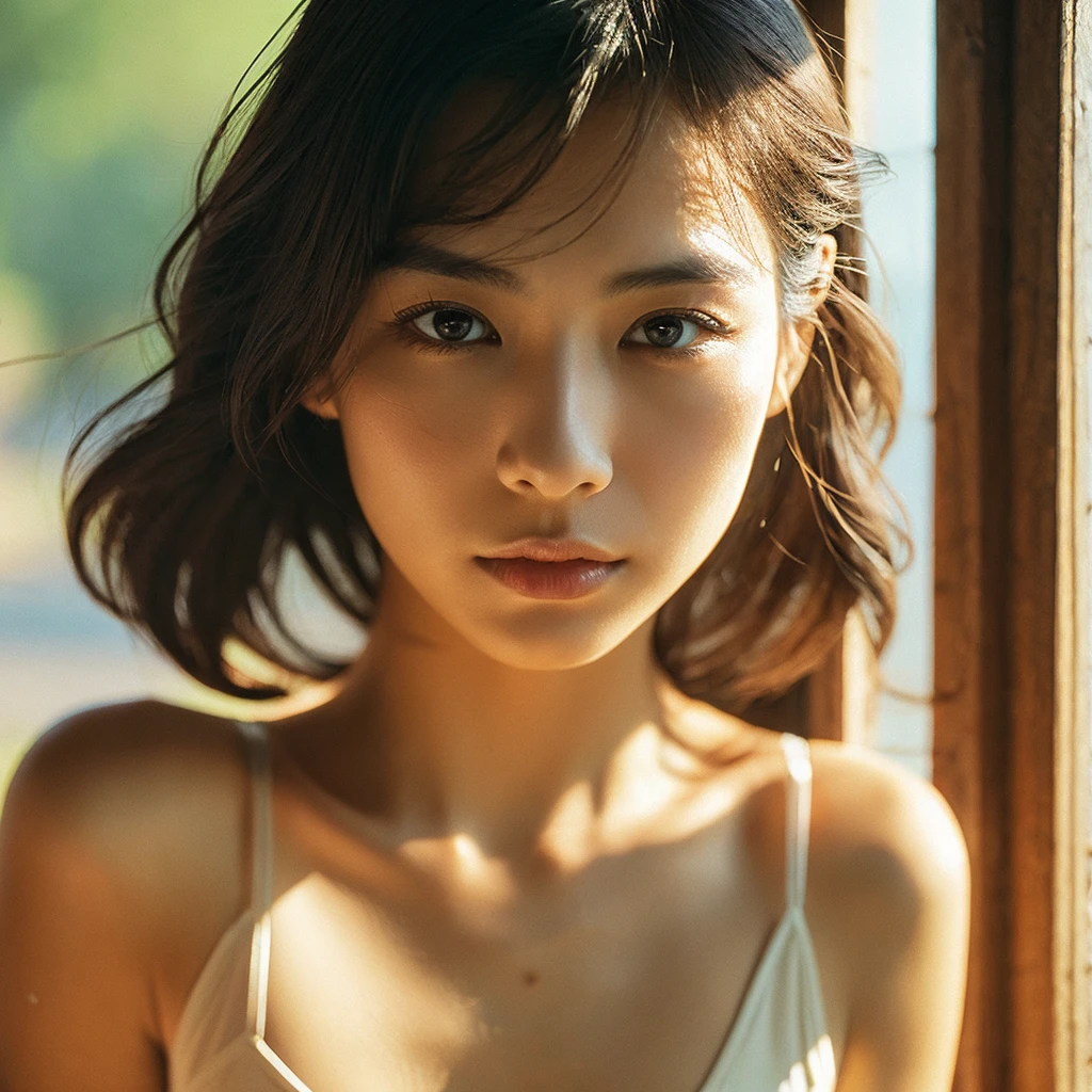 A hyper-realistic image of a single Japanese woman in her early 20s, captured with the nostalgic warmth and subtle graininess of a film camera. Her skin has a warm beige tone with a natural, slightly rough texture that includes visible pores, fine lines, and subtle imperfections such as small blemishes, adding to the authenticity of her appearance. The soft, diffused natural light enhances the film-like quality, casting gentle shadows that create a timeless, organic feel. Her straight, glossy black hair frames her face in a natural, slightly tousled manner, and her deep brown eyes reflect the ambient light, adding depth and emotion. The film camera effect introduces a slight grain and a softer focus, giving the image a warm, nostalgic atmosphere while maintaining the realistic texture of her skin. She is dressed simply, in a way that complements her natural beauty, with the overall composition designed to evoke a sense of genuine, understated elegance. The use of natural light, combined with the deliberately rougher texture of her skin and the film-like qualities, ensures that this image captures the imperfections that make her beauty truly lifelike, focusing solely on this one individual.She is not wearing underwear or a bra, and her thin shirt just barely conceals her nipples.almost see the nipples.Be sure to keep your eyes on us.