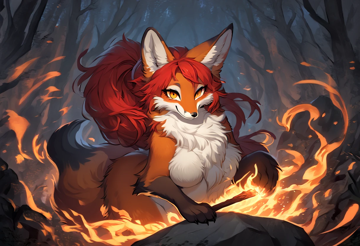 red fox, female, vixen, beautiful, red hair, yellow eyes, full body, moody, elegant, mysterious, highres, unparalleled masterpiece, perfect artwork, absurdres, masterpiece, (kemono, furry anthro), standing, (long fluffy fox tail), kitsune, (holding fox fire magic on paw), sexy body, voluptuous, (in a forest, dawn, incantations on a boulder), friendly smile, looking at viewer with adoration, foxy waifu mommy, cute fox, smiling cutely, comfy fox girl, (chest fluff, covered chest), (digitigrade)