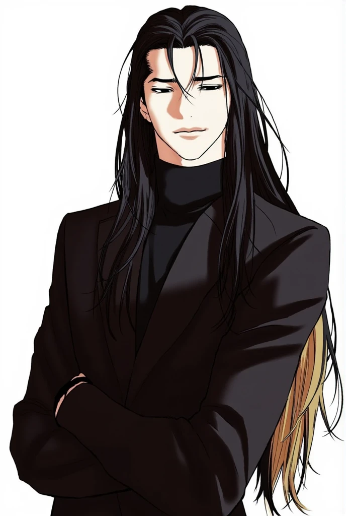 A panel from Lookism Manhwa: Tall male athletic figure with long straight black hair, sharp angular facial features, Elegant tall male figure, flowing golden wavy hair past shoulders, black turtleneck, slim fit dark clothing, bishonen style, confident relaxed pose, modern anime art style, strong jawline, intense gaze