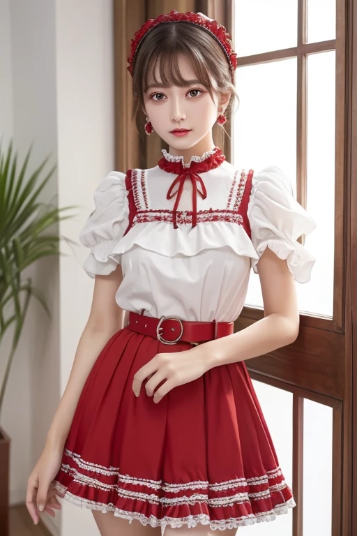  top quality , very detailed,masterpiece, ULTRA DETAIL,Alone,(Delicine eyes),(White background:1.3),red eyes, standing, belt skirt ,[trench coin:20],gem, mole_Down_eye,  in rot _in_viewer, Frilled_ headband, earrings for women with first name